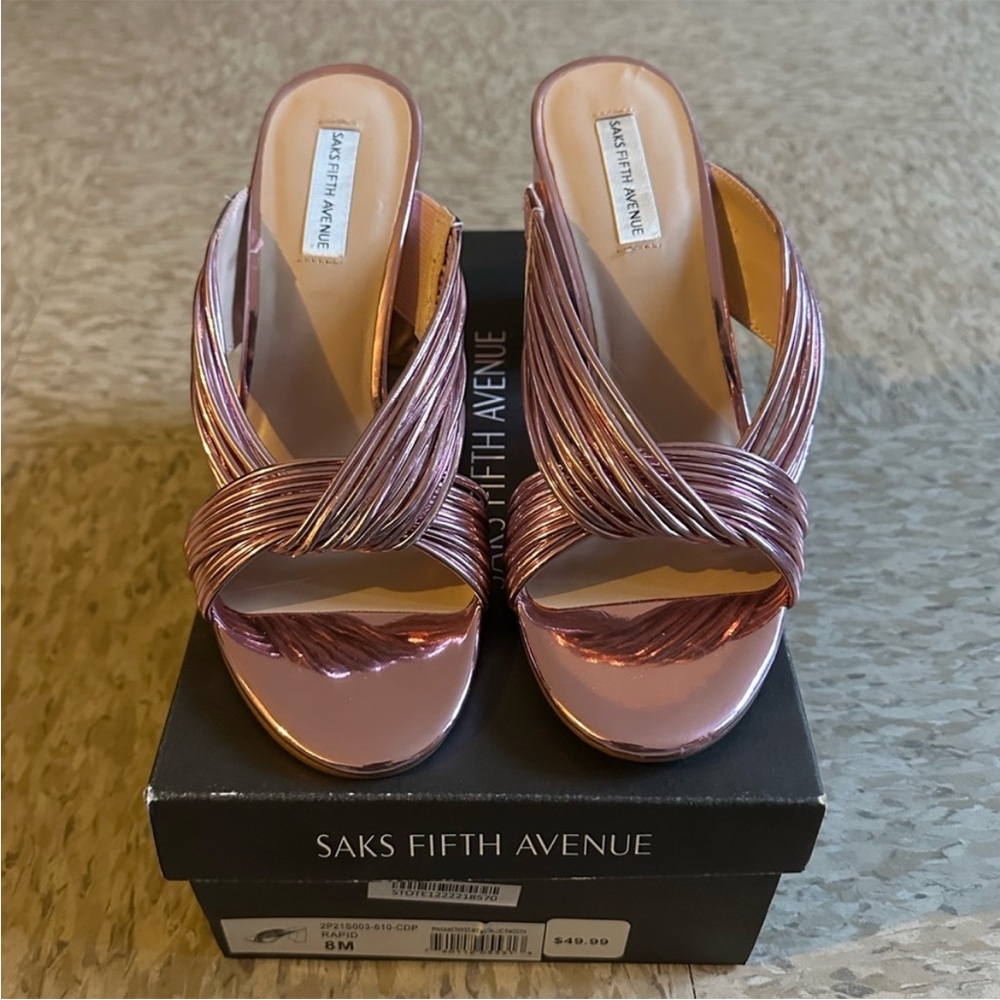 Saks fifth Avenue pink metallic amethyst iridescent slip on block heels